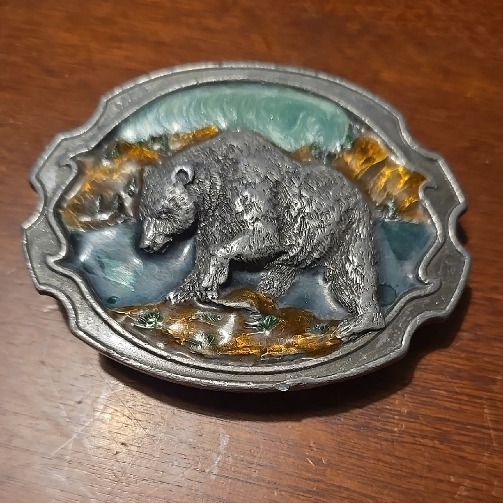 Vintage 1984 Belt Buckle Silver Bear Sculpture on Turquoise Enamel Art